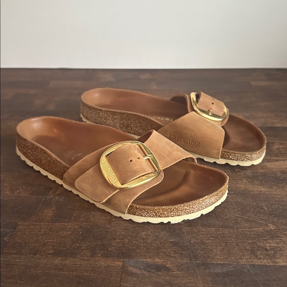 Birkenstock Madrid Big Buckle Sandals in Cognac Brown with Gold Buckle 38